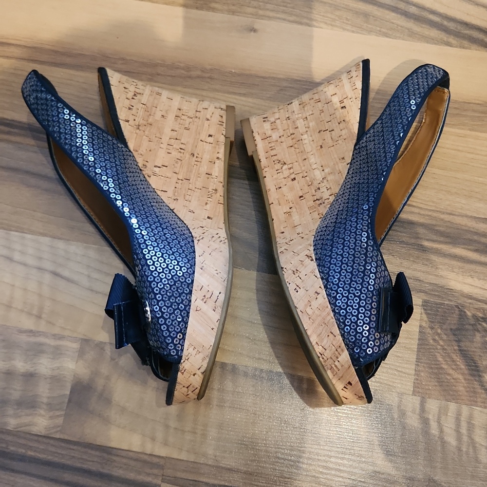 Sperry Navy Sequin Slingback Cork Wedges with Bow - Picture 4 of 12